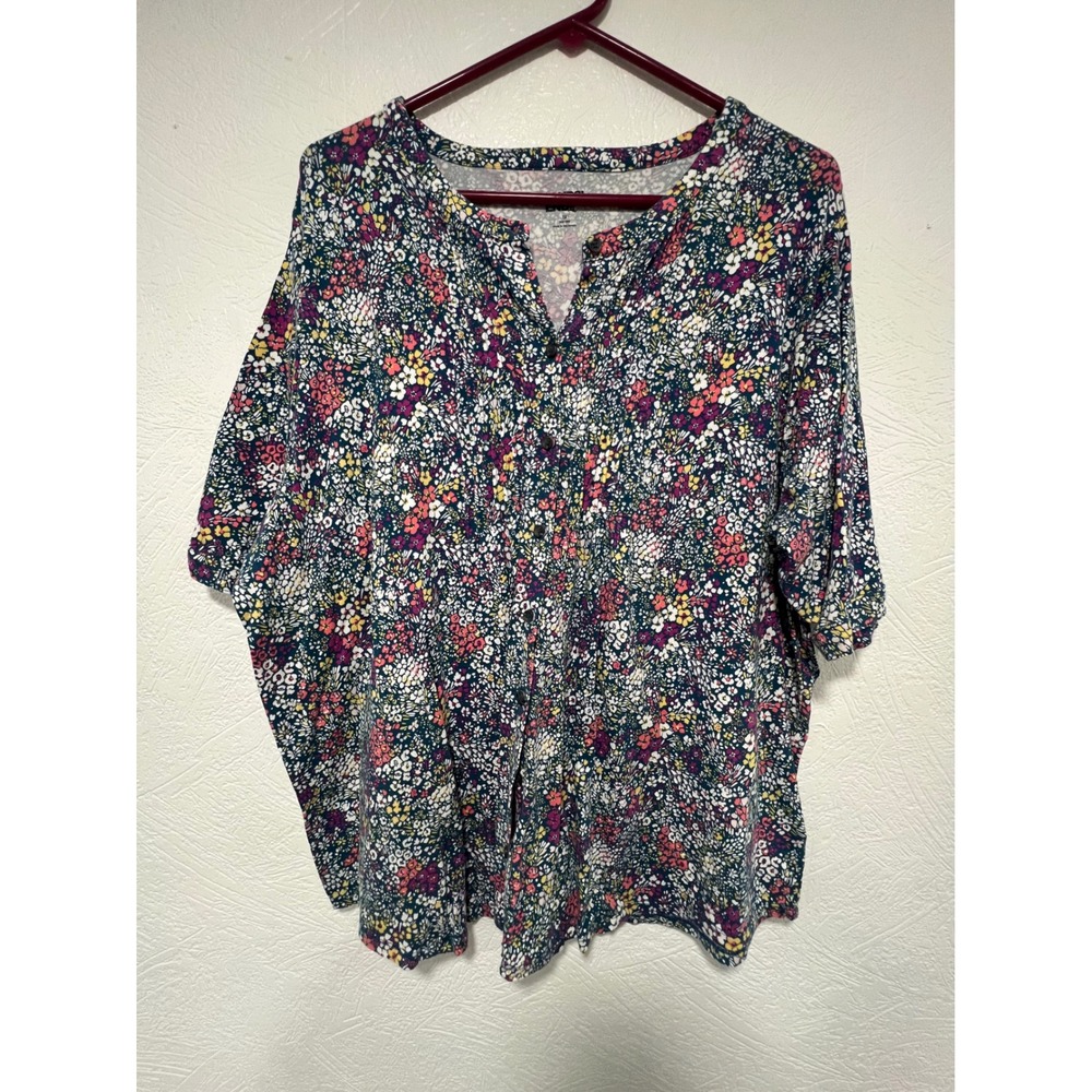 Lands End Womens 1X Floral Henley Top 3/4 Sleeve Multi Color Knit Blouse 16W-18W - Picture 2 of 3